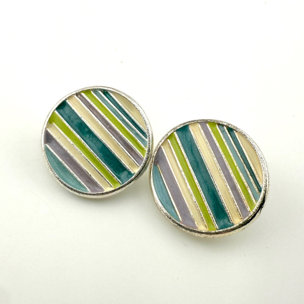Striped Round Clip On Earrings with Silver Accents